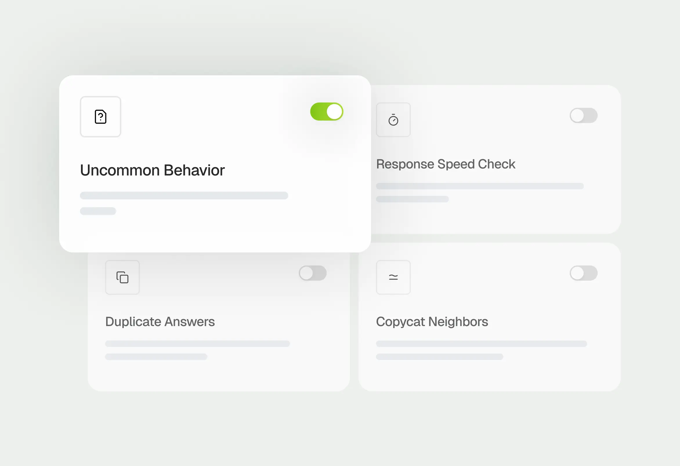 User interface with four toggled settings cards: 'Uncommon Behavior' enabled, and 'Response Speed Check', 'Duplicate Answers', and 'Copycat Neighbors' disabled.