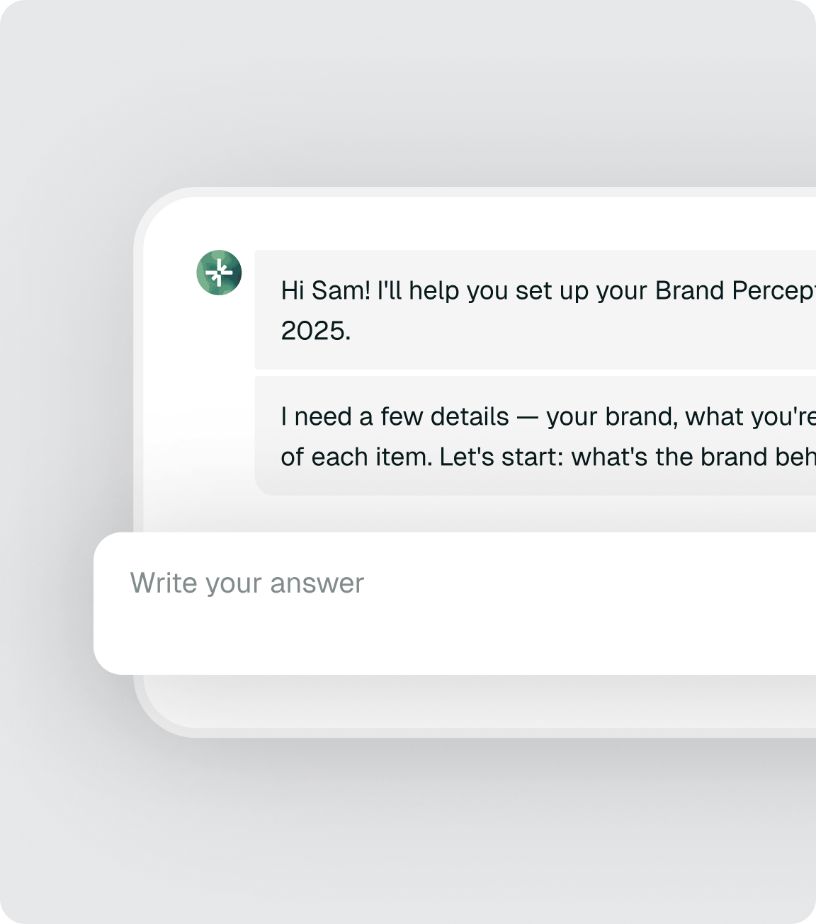 Chat interface showing a message assistant greeting Sam and asking for brand details to set up a Brand Perception 2025 survey, with a text input field labeled 'Write your answer.'