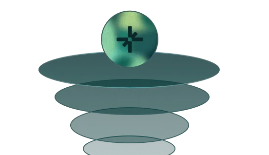 Dark green spiral stairs viewed from above with a round green landing featuring a black arrow symbol pointing inward.