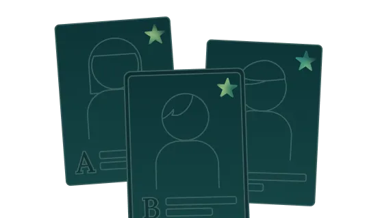 Three illustrated character profile cards labeled A, B, and C with star icons on the top right corners.