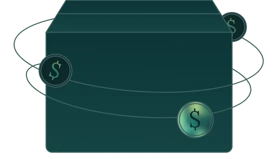 Stack of dark green envelopes surrounded by floating dollar coin icons.