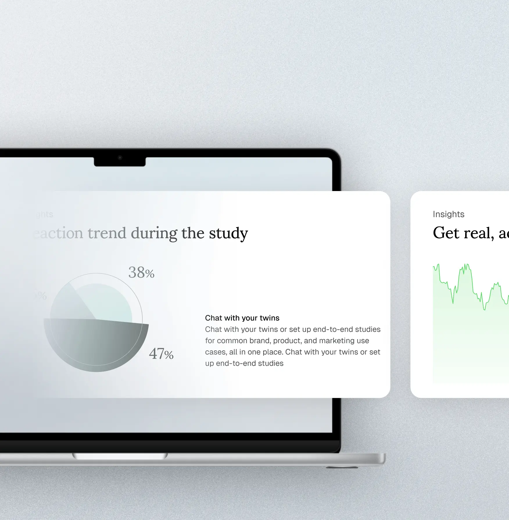 Laptop displaying a study interaction trend with pie chart showing 38% and 47%, alongside text about chatting with twins for brand, product, and marketing studies.