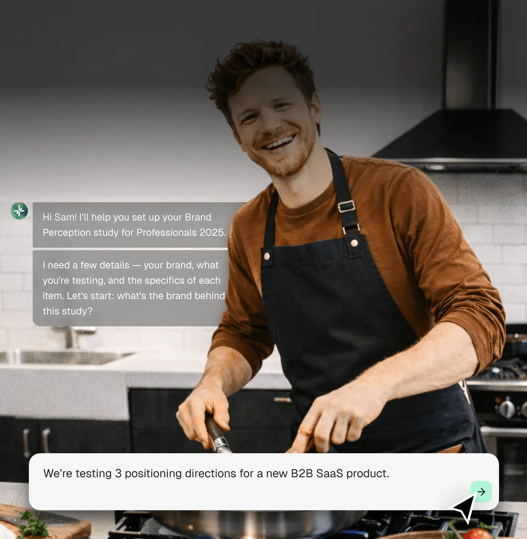 Smiling man wearing a brown shirt and black apron cooking in a kitchen with text chat overlays about setting up a Brand Perception study for a B2B SaaS product.
