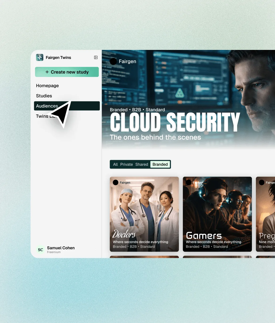 User interface showing a study selection screen with categories like Doctors, Gamers, and Cloud Security, with a cursor pointing at the Audiences menu.