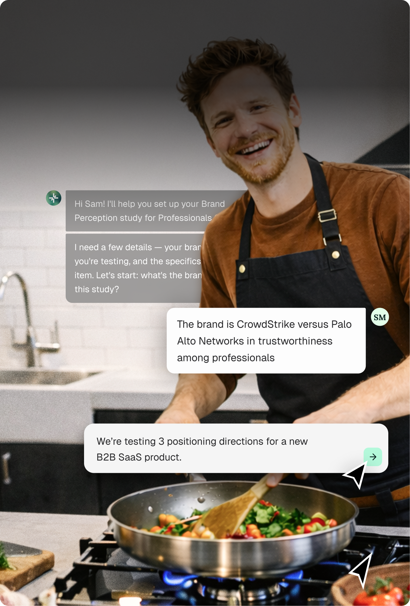 Smiling man in a brown shirt and black apron cooking vegetables in a frying pan on a gas stove, with chatbot conversation text overlays about setting up a Brand Perception study.