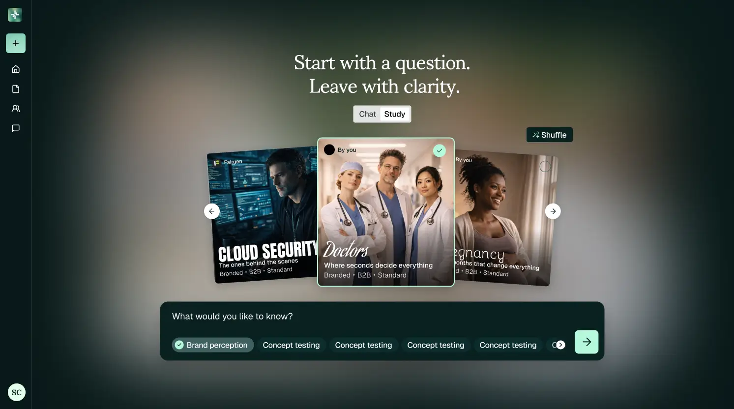 User interface screen with the text 'Start with a question. Leave with clarity.' showing a study carousel featuring topics like Cloud Security, Doctors, and Pregnancy, with navigation arrows and a query input area.
