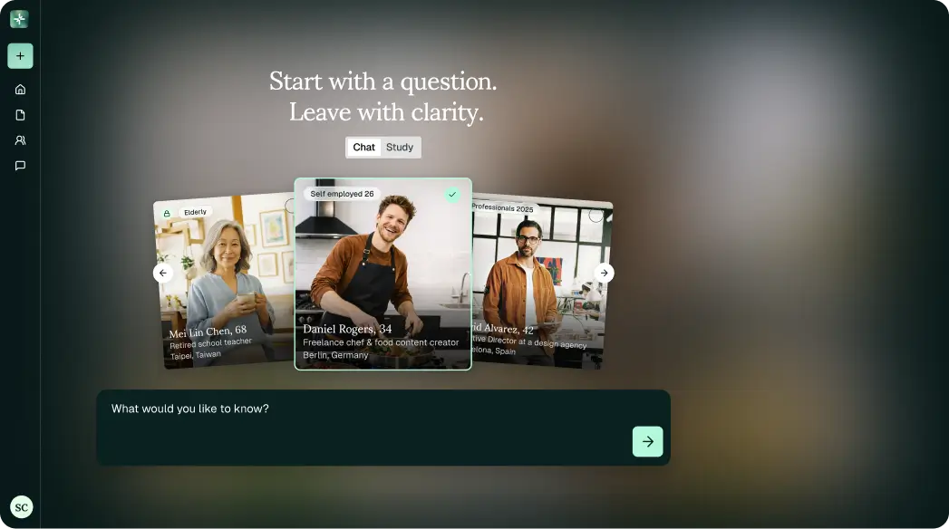 User interface with the text 'Start with a question. Leave with clarity.' showing profile cards of individuals with professions and locations, and a text input box asking 'What would you like to know?'