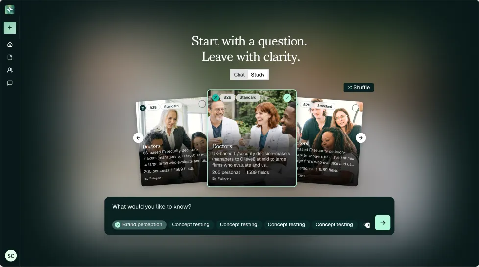 Interface with cards about B2B doctors and a query bar showing options like brand perception and concept testing.