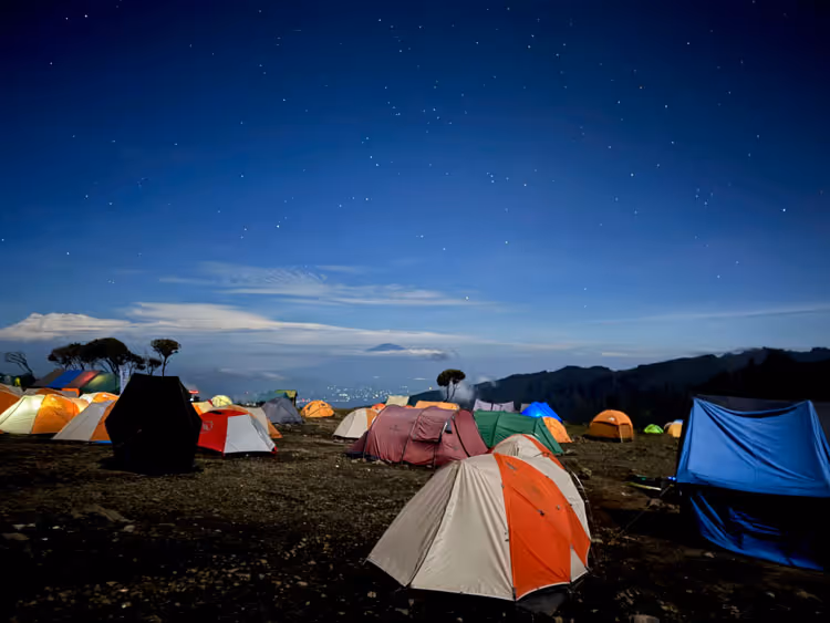 A campsite set up on the slopes of mount Kilimanjaro