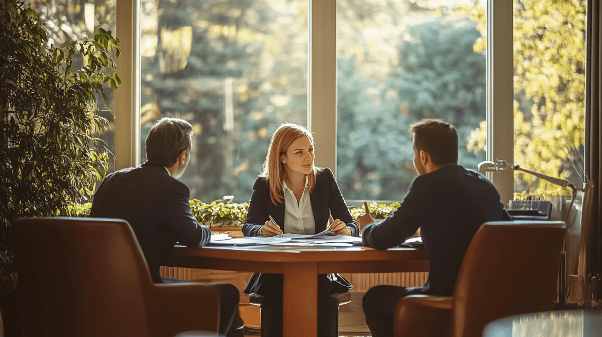 Drei Geschäftsleute in einem hellen Raum, die an einem runden Tisch eine Besprechung abhalten.
