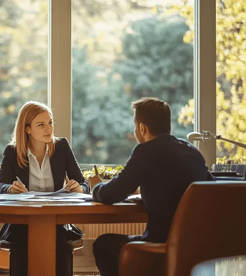 Eine Frau und ein Mann führen ein geschäftliches Gespräch an einem Holztisch vor einem großen Fenster mit grüner Bepflanzung im Hintergrund.