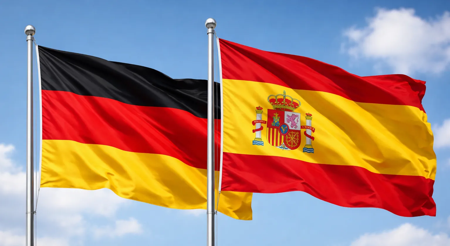 Flaggen von Deutschland und Spanien wehend vor blauem Himmel mit Wolken.