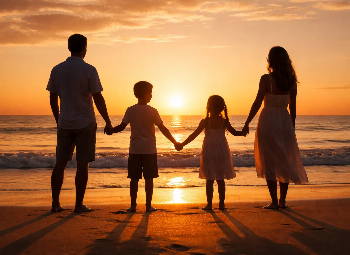 Familie mit zwei Kindern hält sich am Strand bei Sonnenuntergang an den Händen – Familienrecht in Spanien