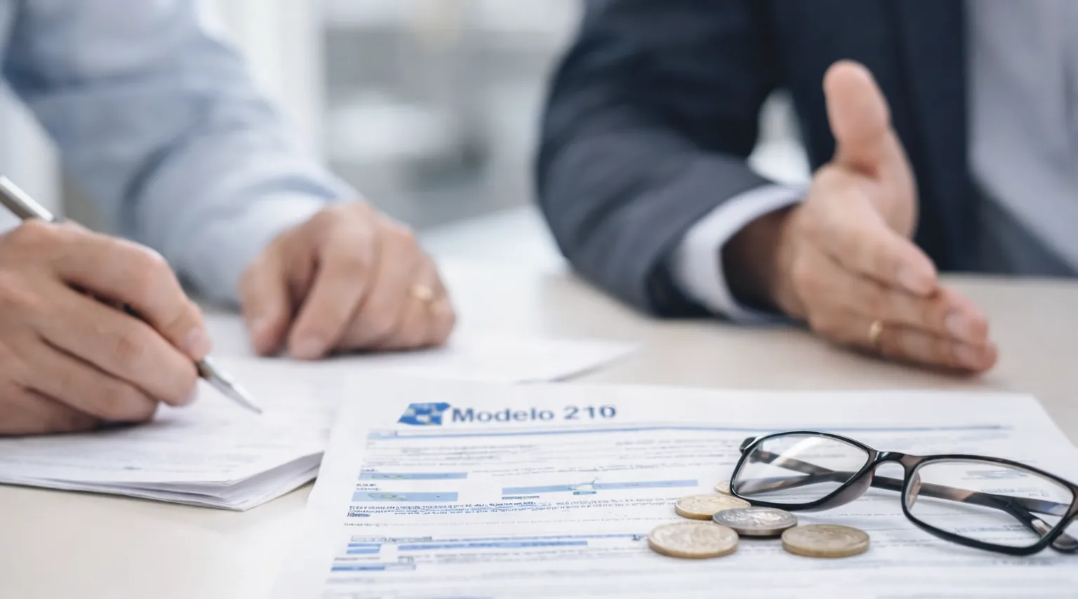 Zwei Personen bei der Besprechung von Steuerformularen mit Brille und Münzen auf dem Tisch.