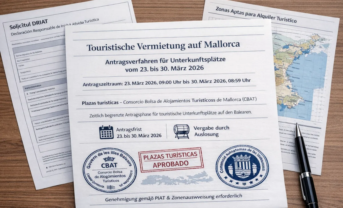 Antragsformular zur touristischen Vermietung auf Mallorca mit Details zum Antragszeitraum vom 23. bis 30. März 2026, Stempel 'Plazas Turísticas Aprobado' und einem Kugelschreiber auf Holztisch.