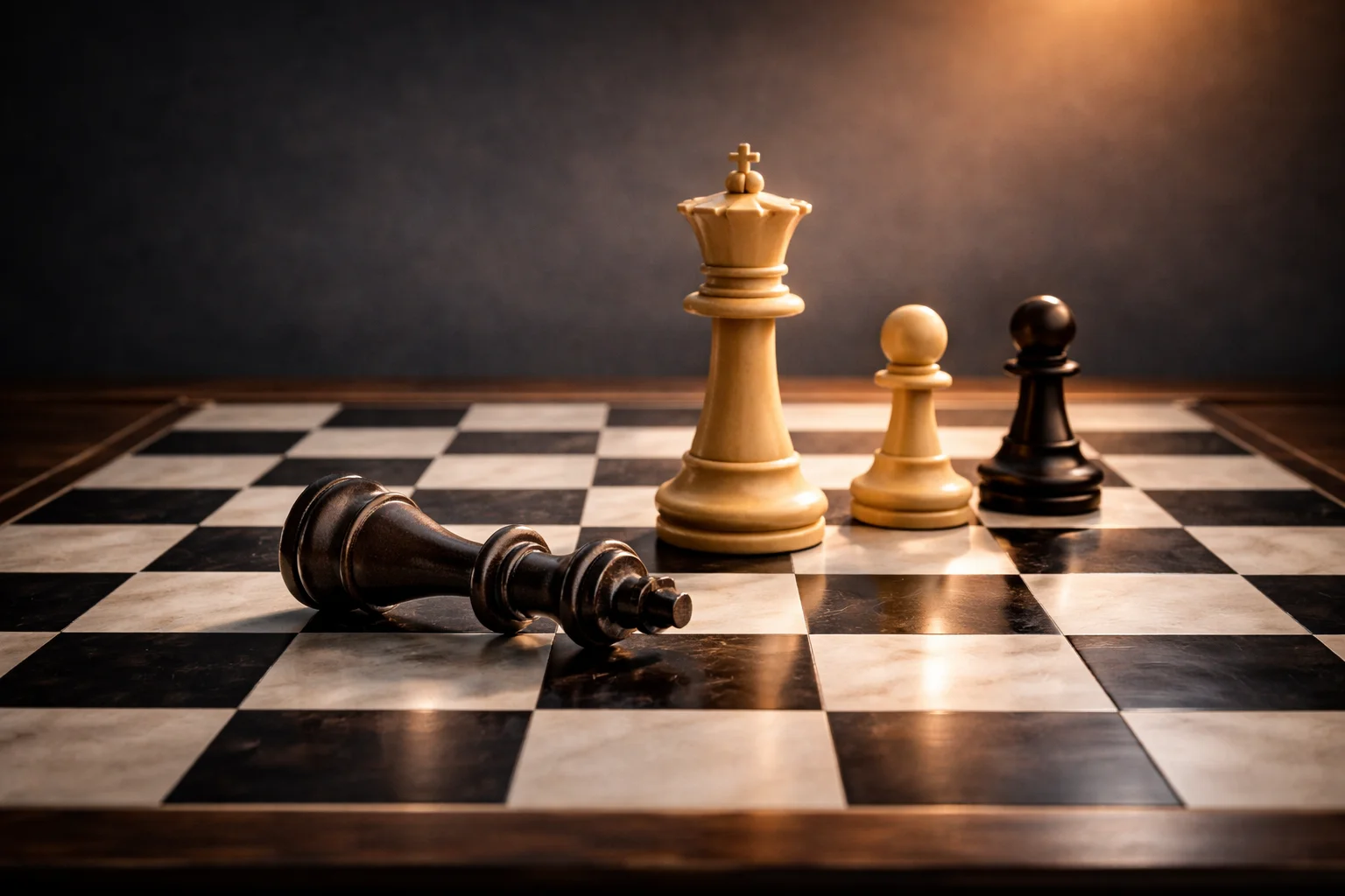 Schachbrett mit einem umgefallenen schwarzen König und einem stehenden weißen König, der von einem weißen und einem schwarzen Bauer flankiert wird.