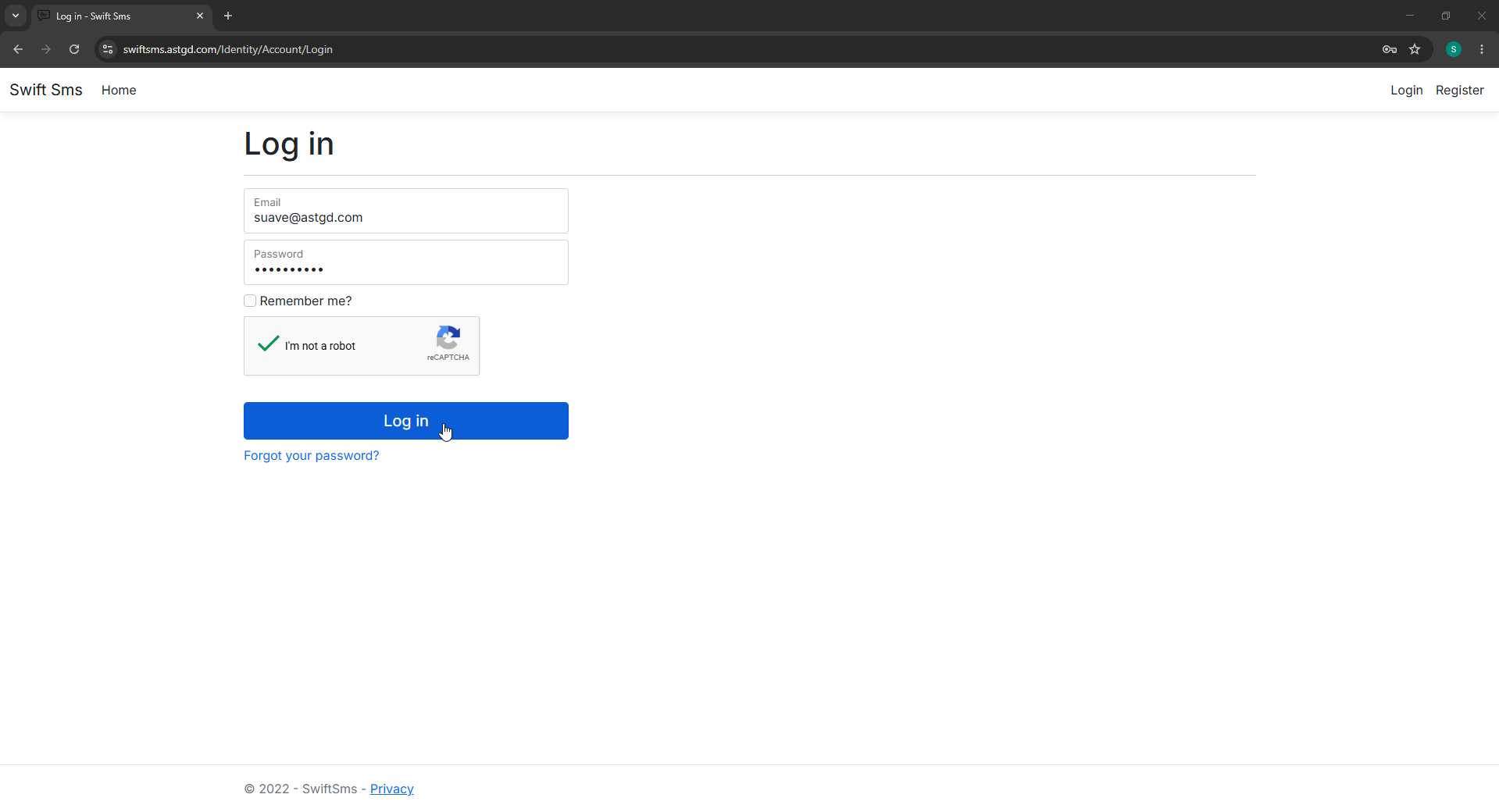 Bulk SMS service - log in panel