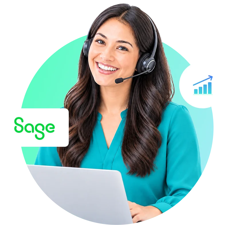 Modern office workspace with a laptop, mouse, notebook with pen, and a potted plant on a wooden desk, with a bright office background showing sofas and glass partitions, overlaid with a digital interface featuring the Sage logo in the center connected to six icons representing document analytics, cloud upload, customer support headset, calendar with cancellation, billing, and online education on either side.