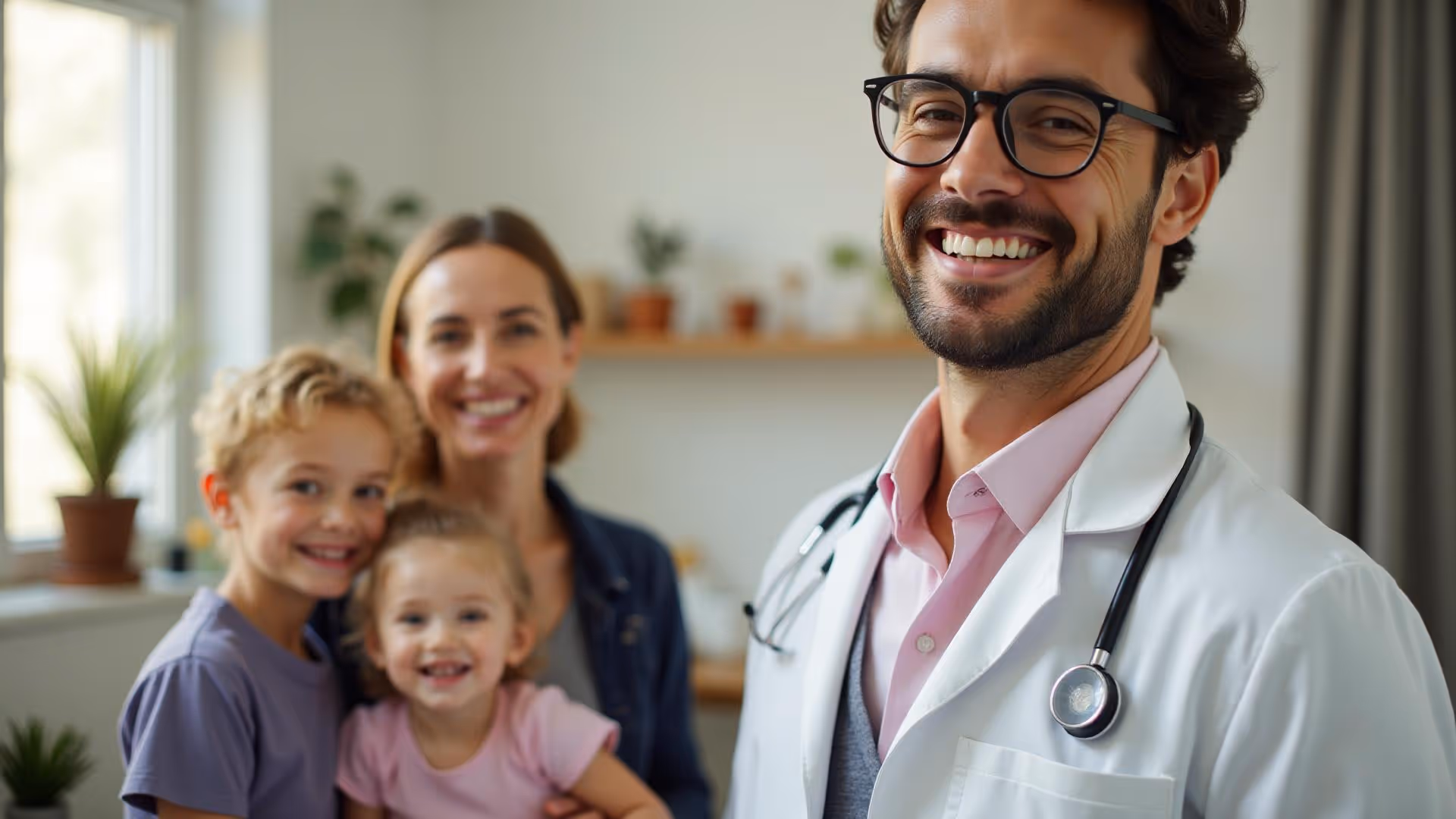 Smiling male doctor wearing glasses and a stethoscope stands beside a happy mother with her two young daughters in a warmly lit medical office.