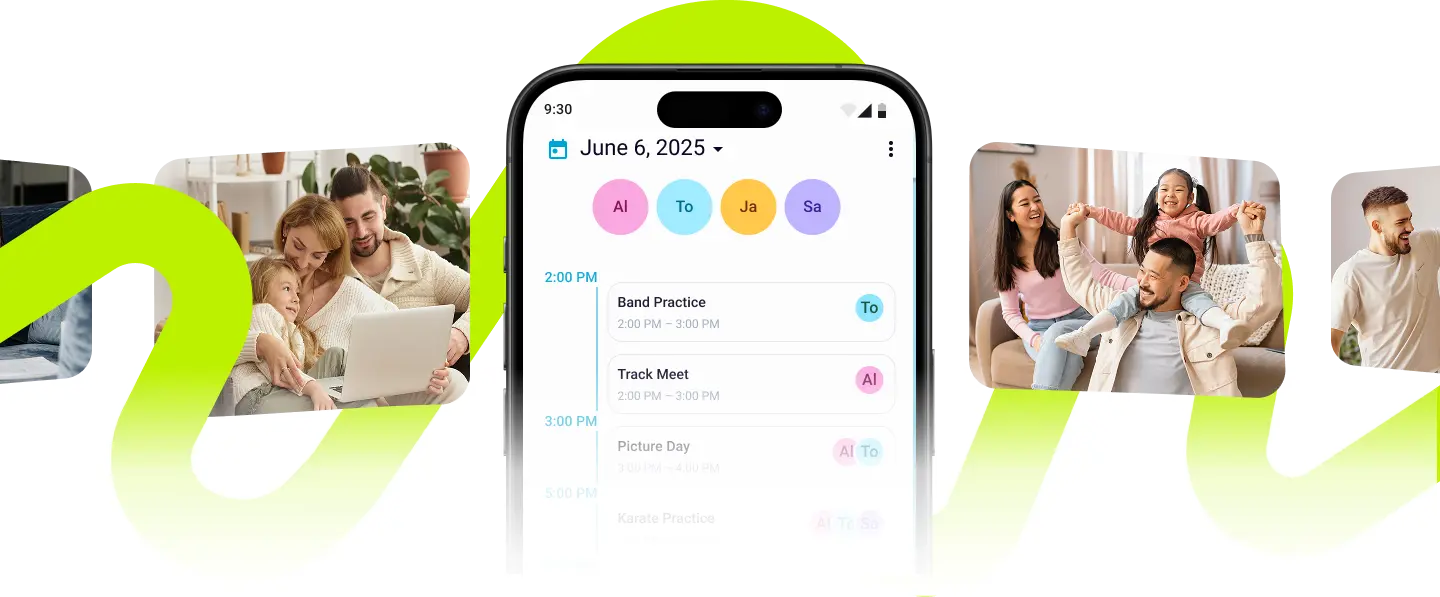 Envia mobile app showing a shared family calendar with events