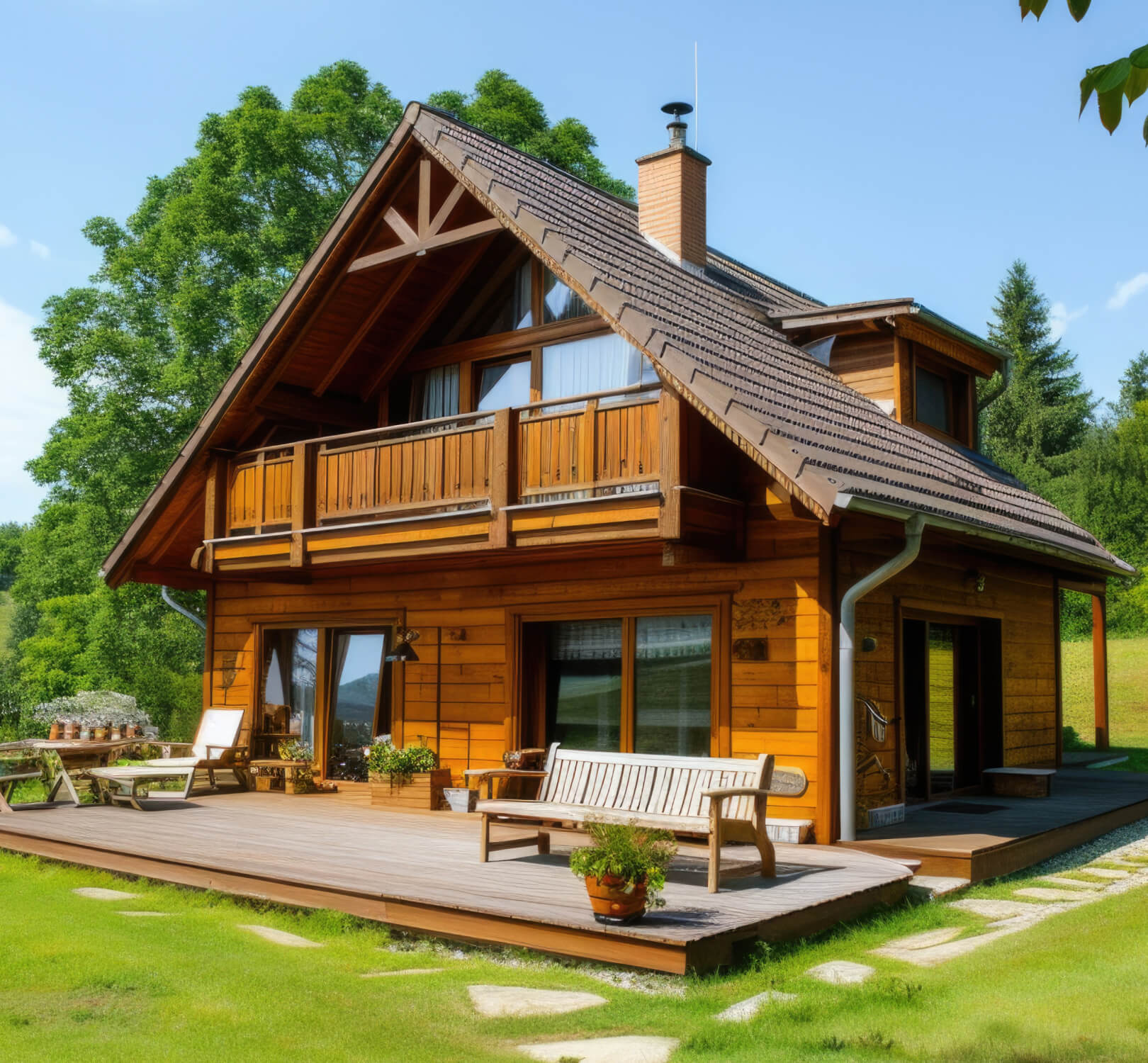 A wooden house with a porch and a deck.