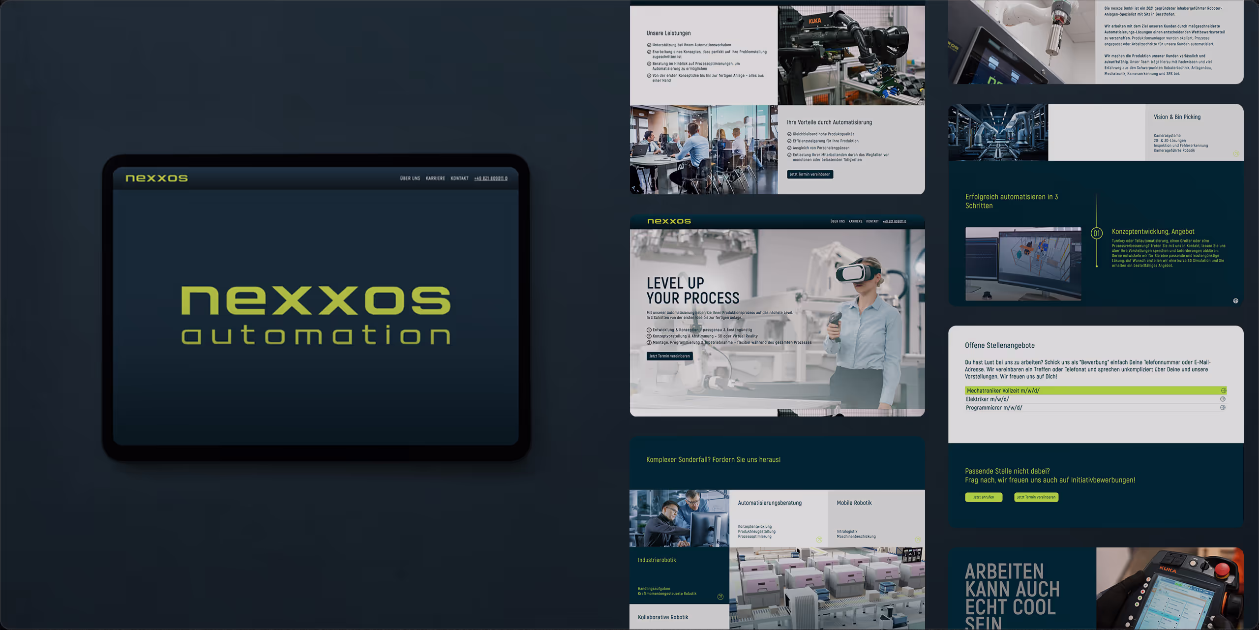 Webdesign von nexxos automation, Bild zeigt mehrere Screenshots der Seite. Linke Hälfte ist der Introscreen mit dem Logo zu sehen, rechte Hälfte sind weitere Screenshots der Seite zu sehen. Die Website von nexxos automation wurde von liz marken- & webdesign gestaltet und umgesetzt.