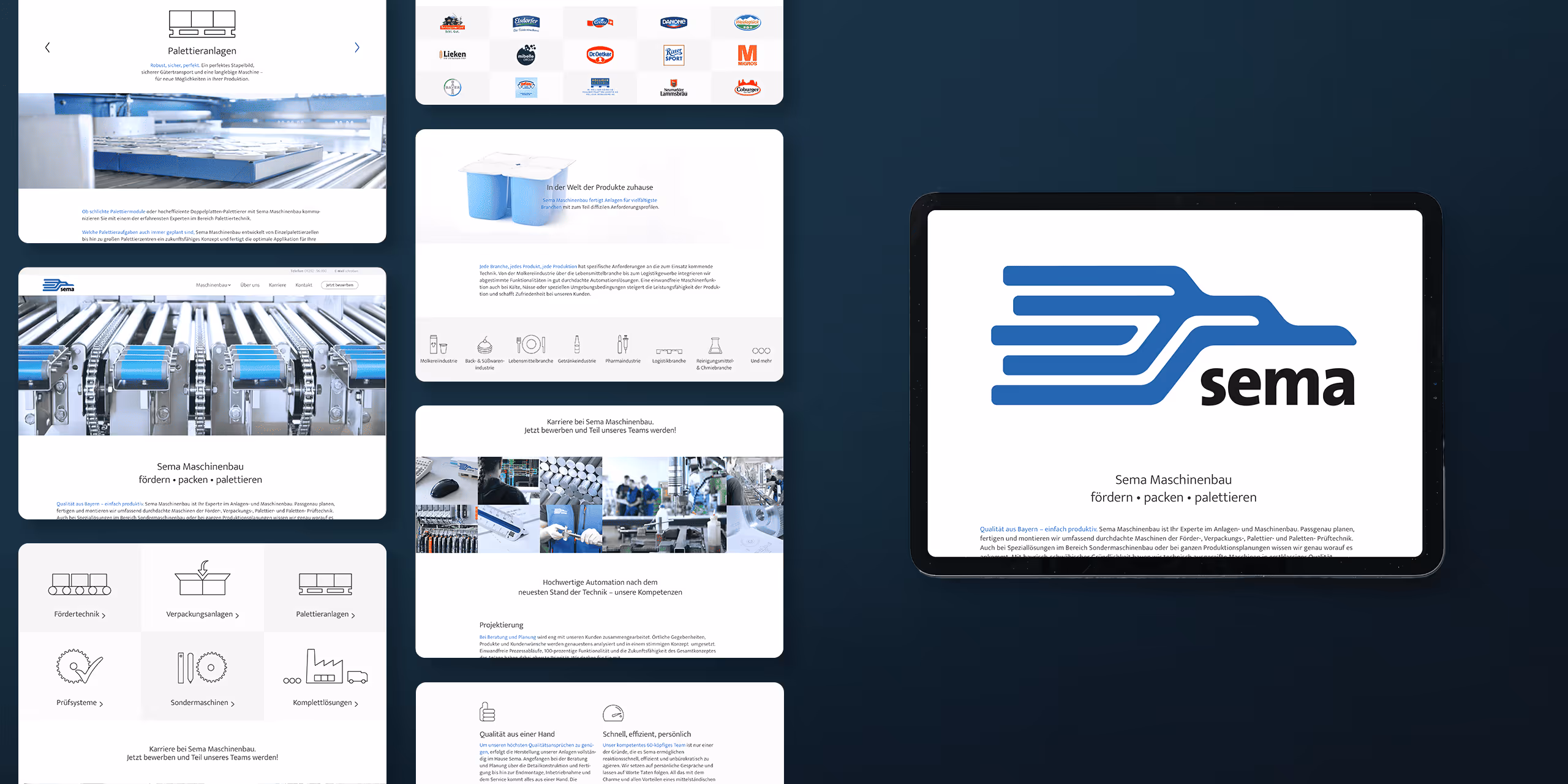 Portfolio-Website-Beispiel von liz marken- & webdesign aus Horgau, Augsburg, das unterschiedliche Screens der Sema Maschinenbau GmbH Homepage zeigt. Sema Maschinenbau GmbH aus 
 Dinkelscherben ist seit langem Kunde von liz marken- & webdesign.