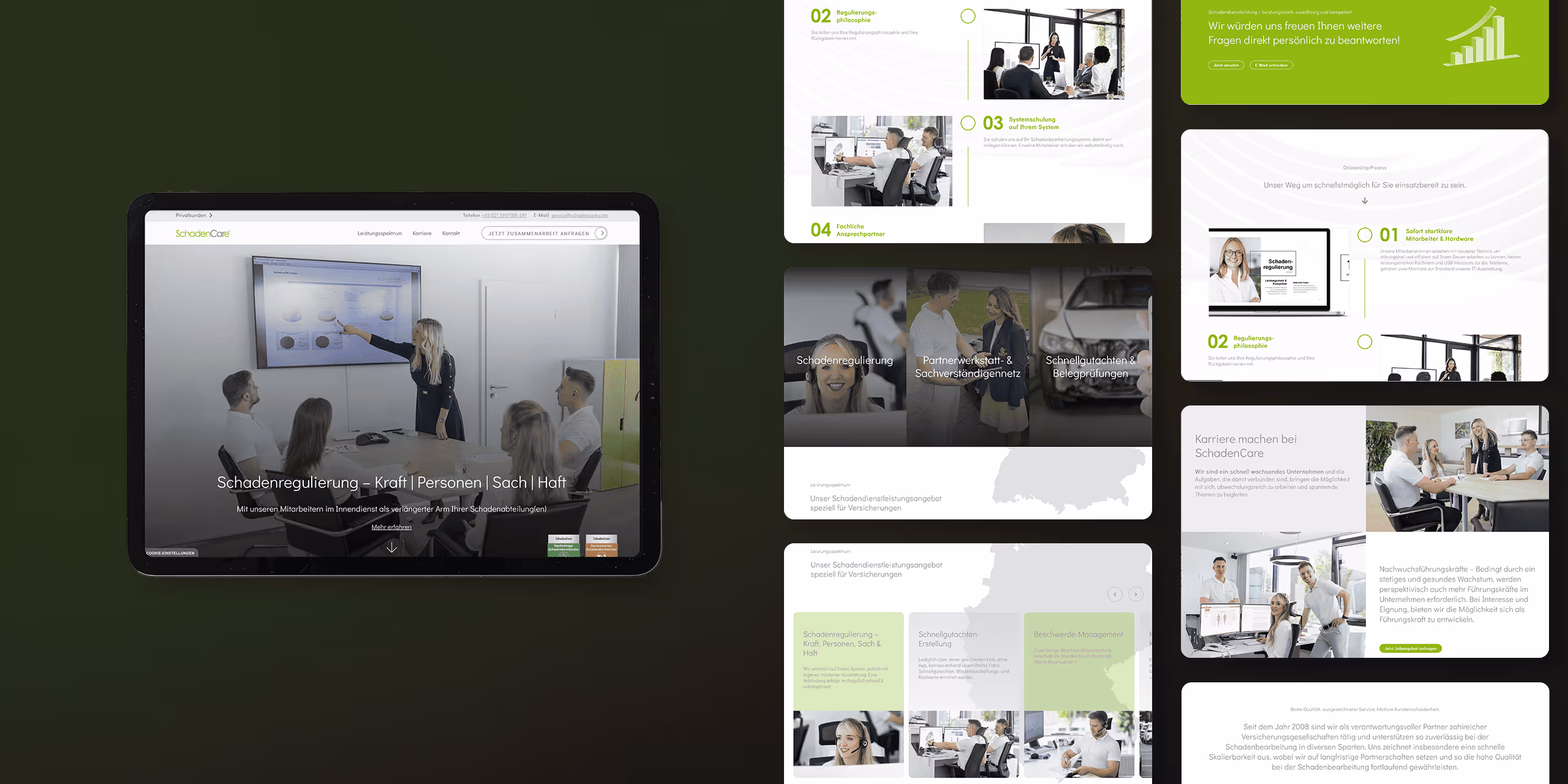 Portfolio-Website-Beispiel von liz marken- & webdesign aus Horgau, Augsburg, das unterschiedliche Screens der SchadenCare Homepage zeigt. SchadenCare aus 
 Gersthofen arbeitet seit über 10 Jahren sehr erfolgreich mit liz marken- & webdesign zusammen.