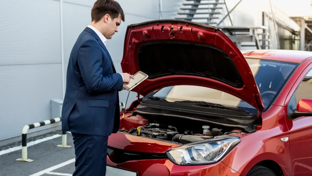 Businessman checking a red car engine while holding a notebook in a parking lot
