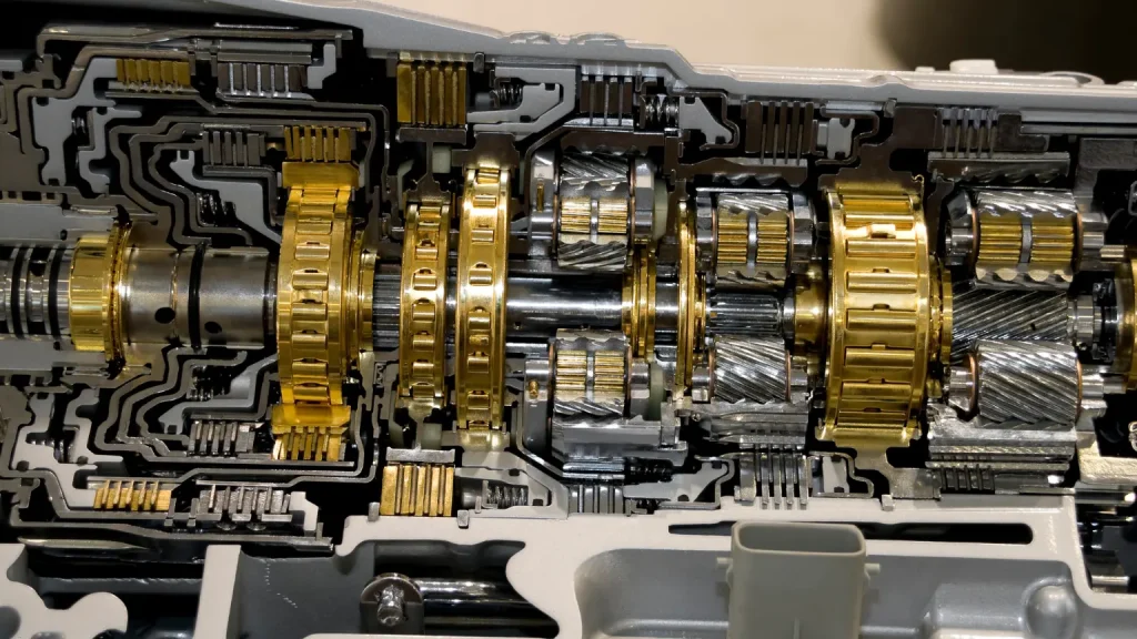 Inside view of an automatic transmission system with gold-plated gears and intricate mechanical components