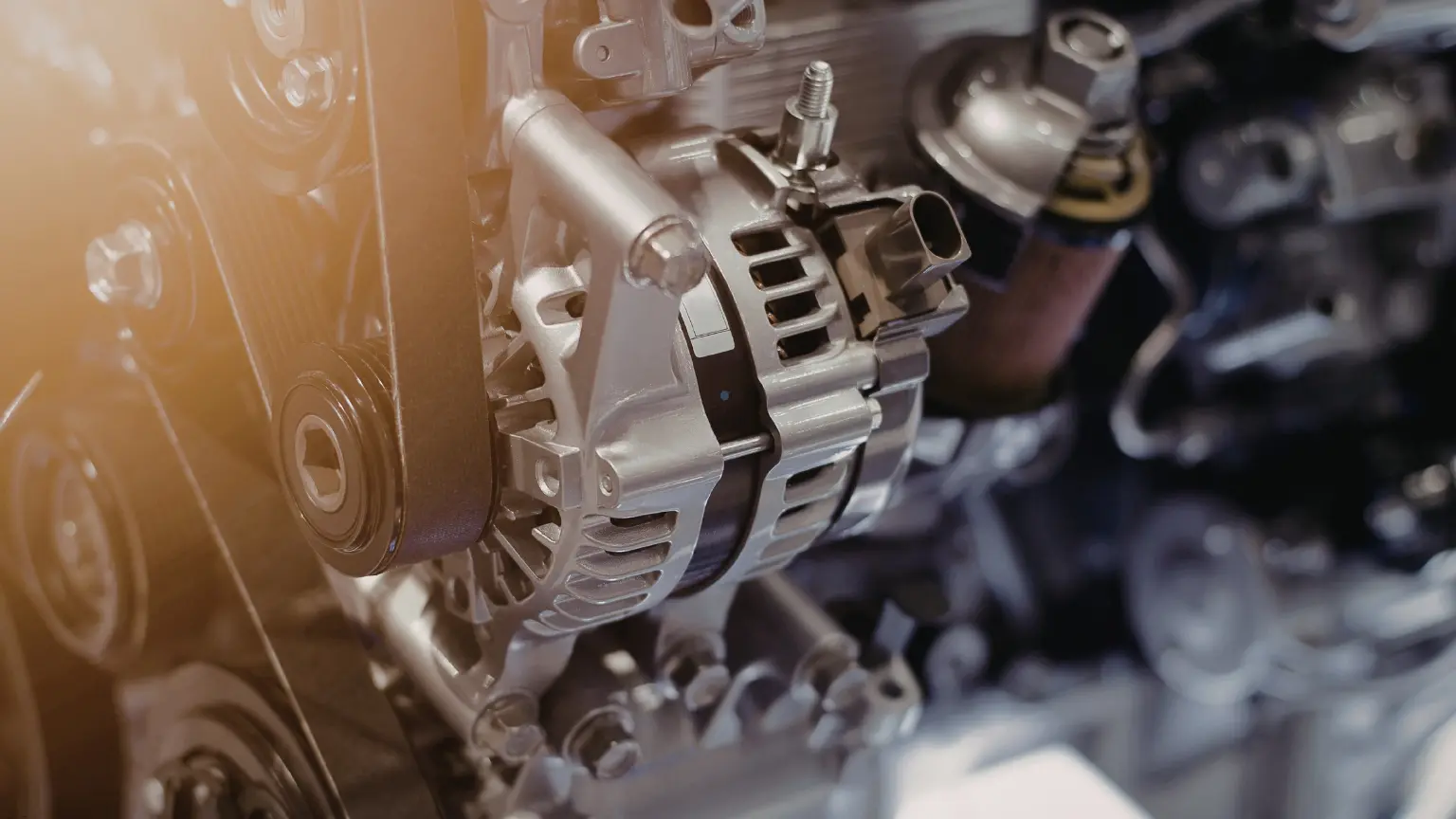 Transmission service showing a close-up of an alternator and drive belt system inside a modern vehicle engine.
