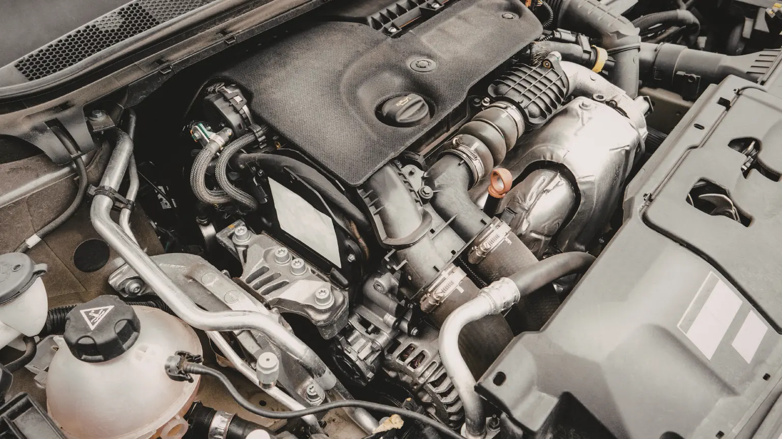 Automatic transmission repair with detailed view of engine components including fluid lines and metal housings.