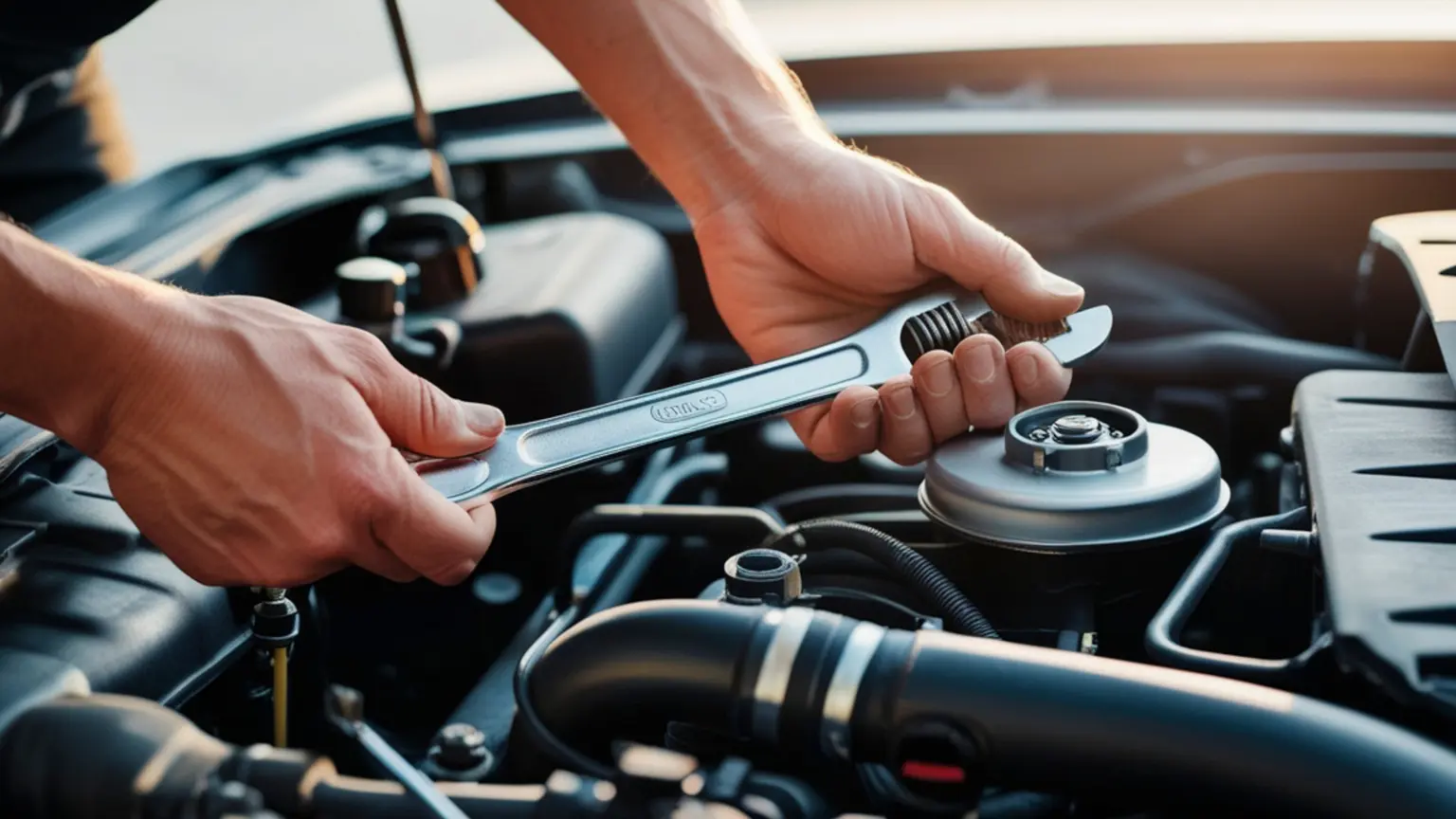 Transmission expert using a wrench to adjust components under the hood of a modern vehicle.