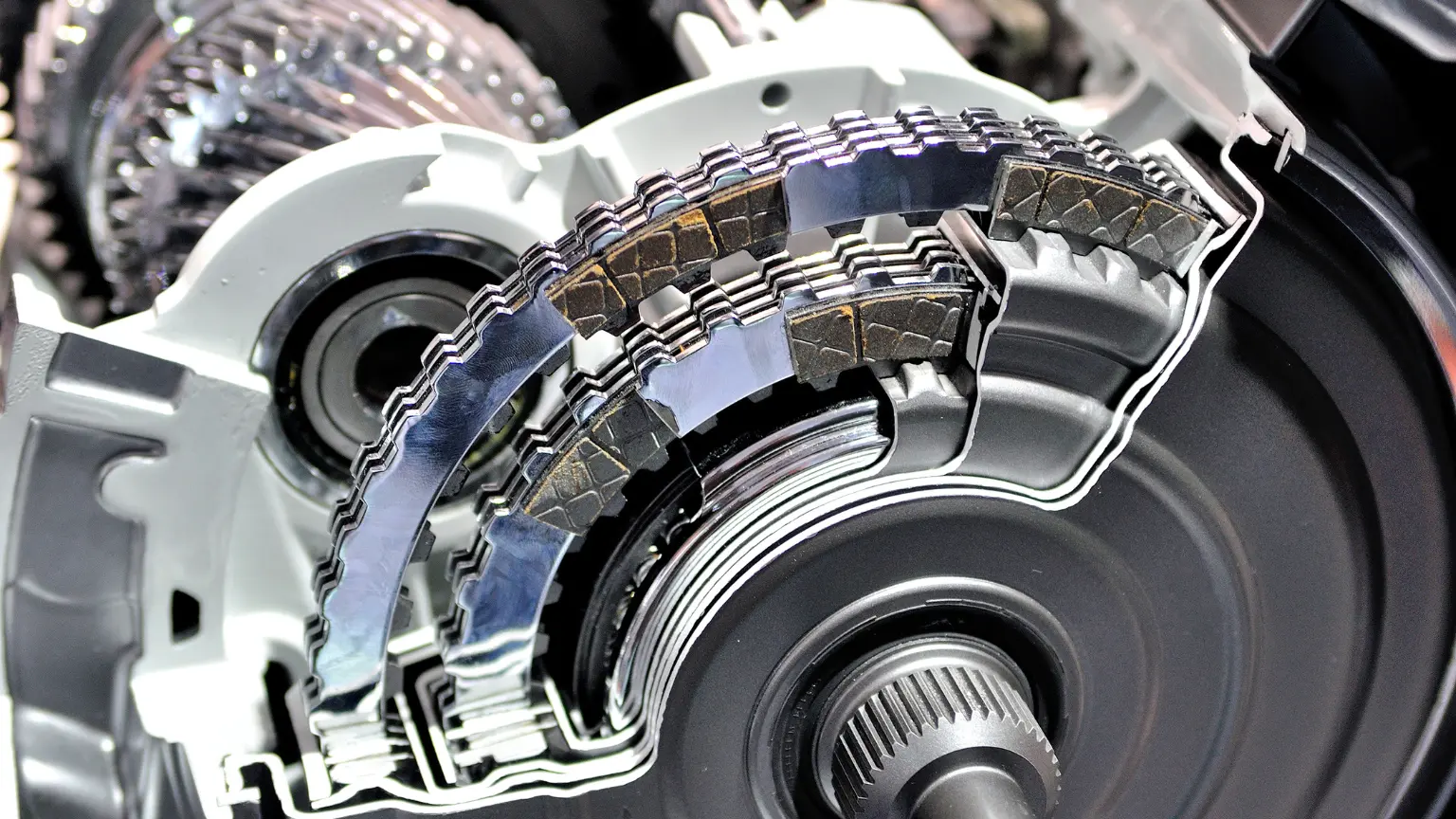 Semi-automatic transmission clutch pack and gear system revealed in a high-resolution cross-sectional view.