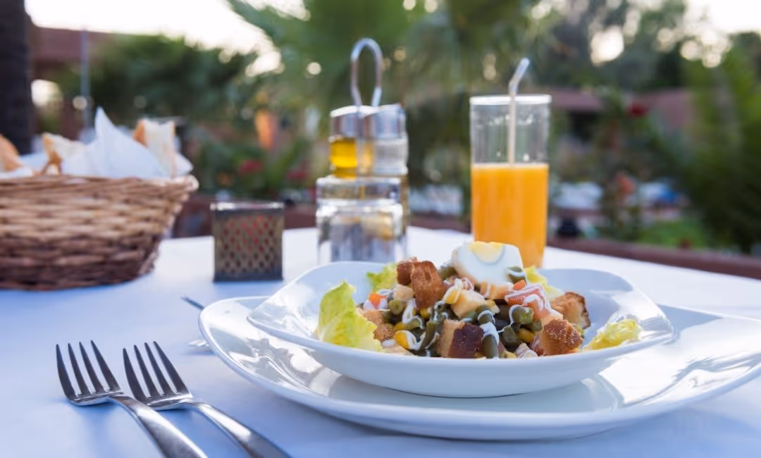 Elegant plate with salad and orange juice served in restaurant