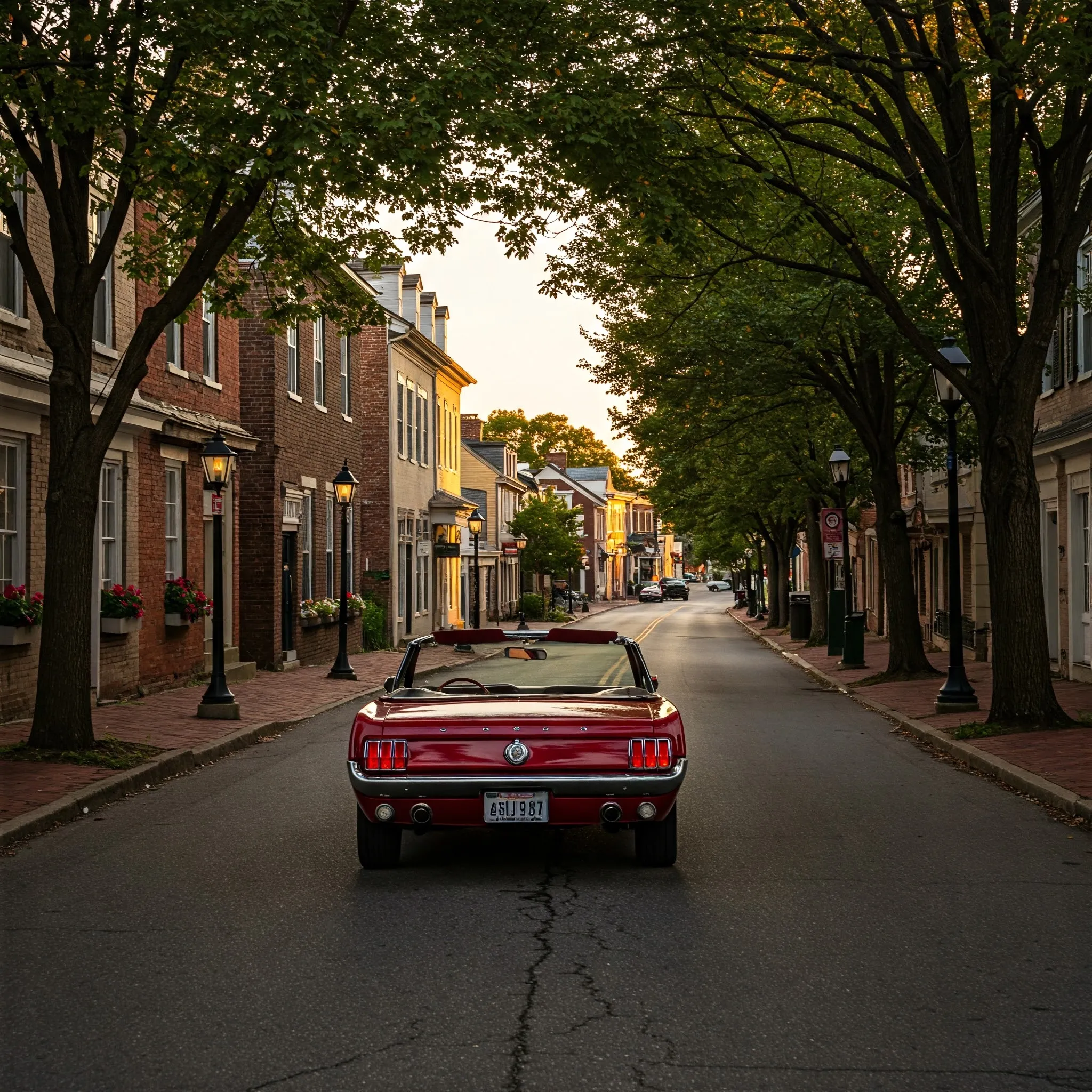 A classic red convertible drives down a peaceful, tree-lined street at sunset, surrounded by historic buildings.