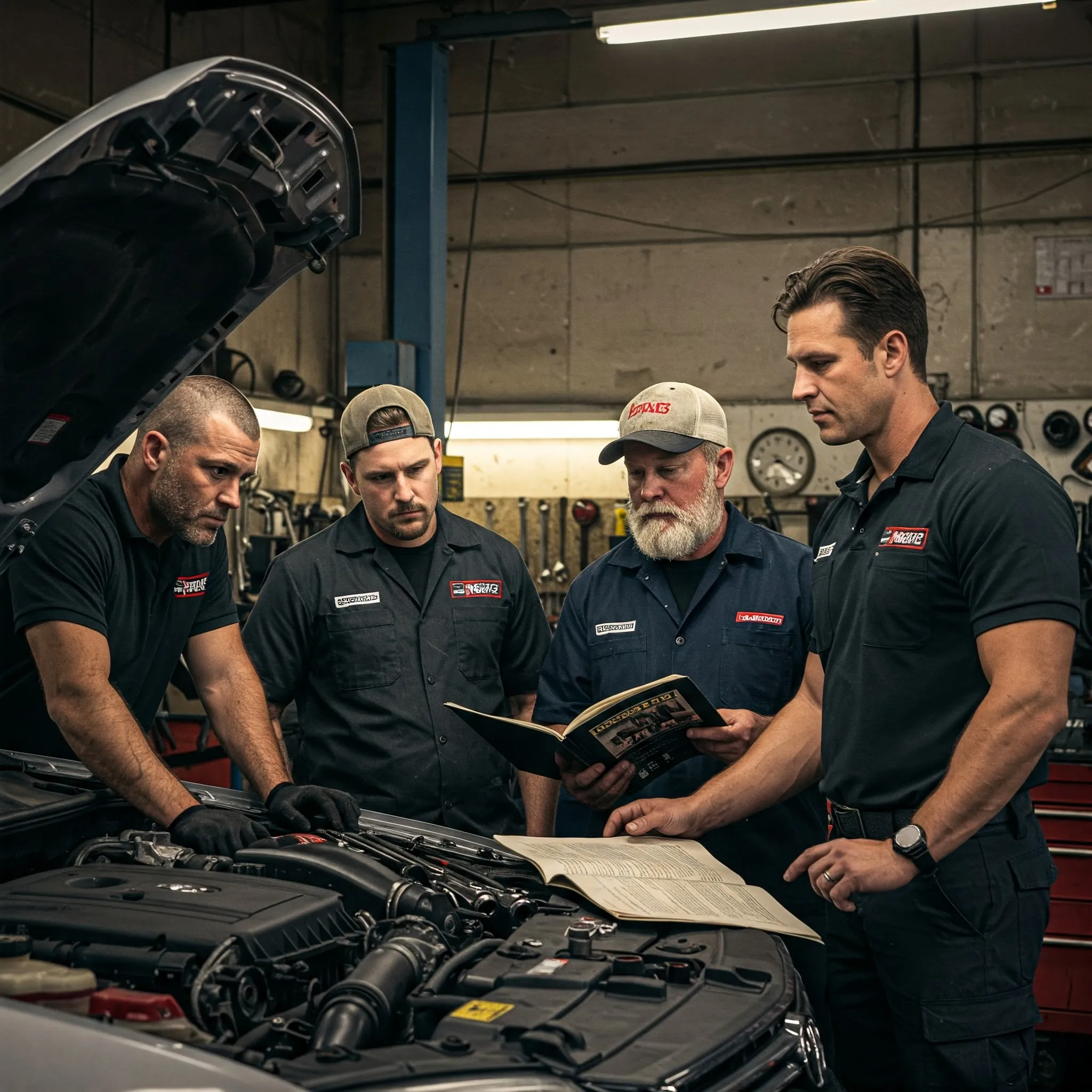 Four mechanics gathered around a car engine in a workshop, studying a manual for repairs and maintenance.