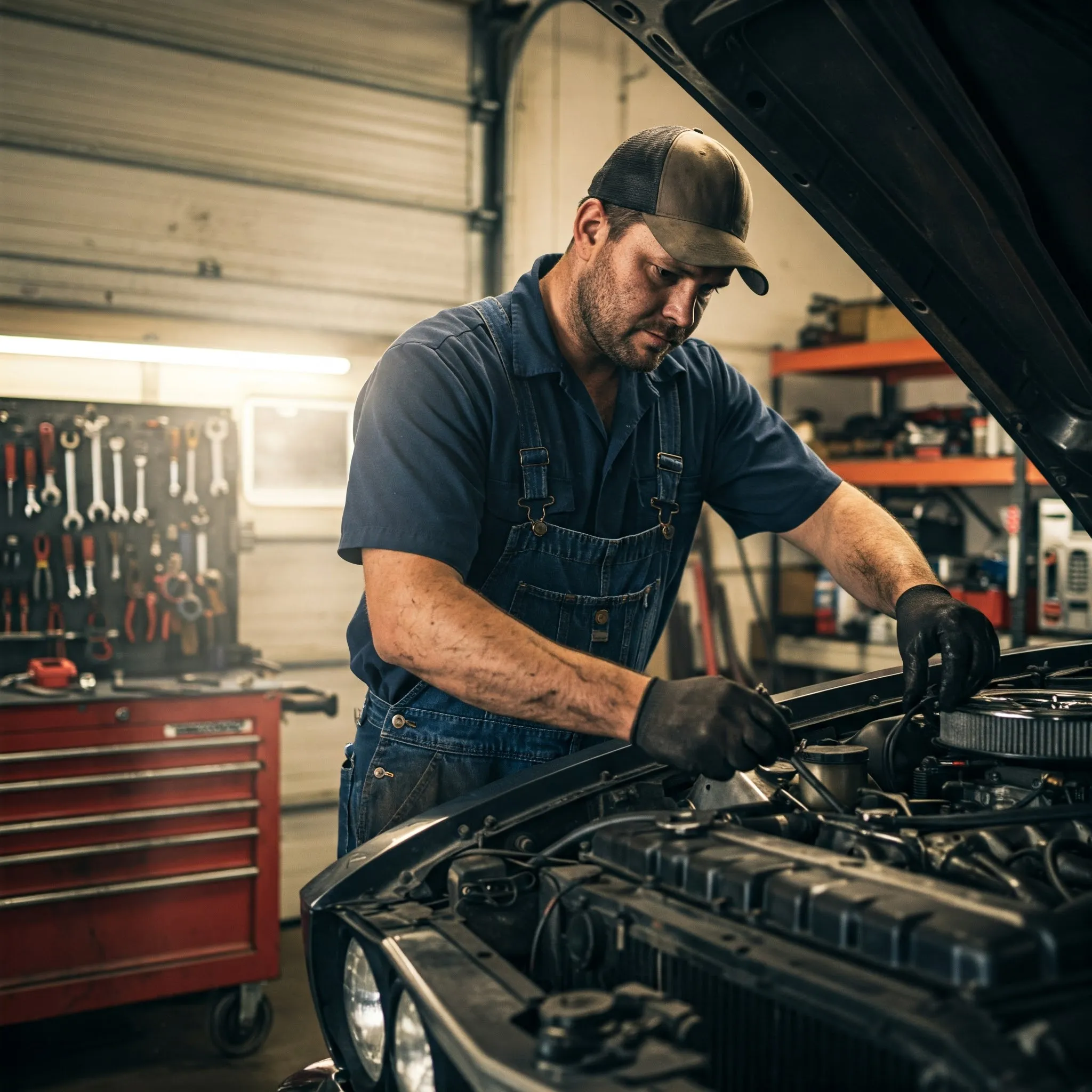 A mechanic in overalls works under the hood of a car in a garage filled with tools and equipment.