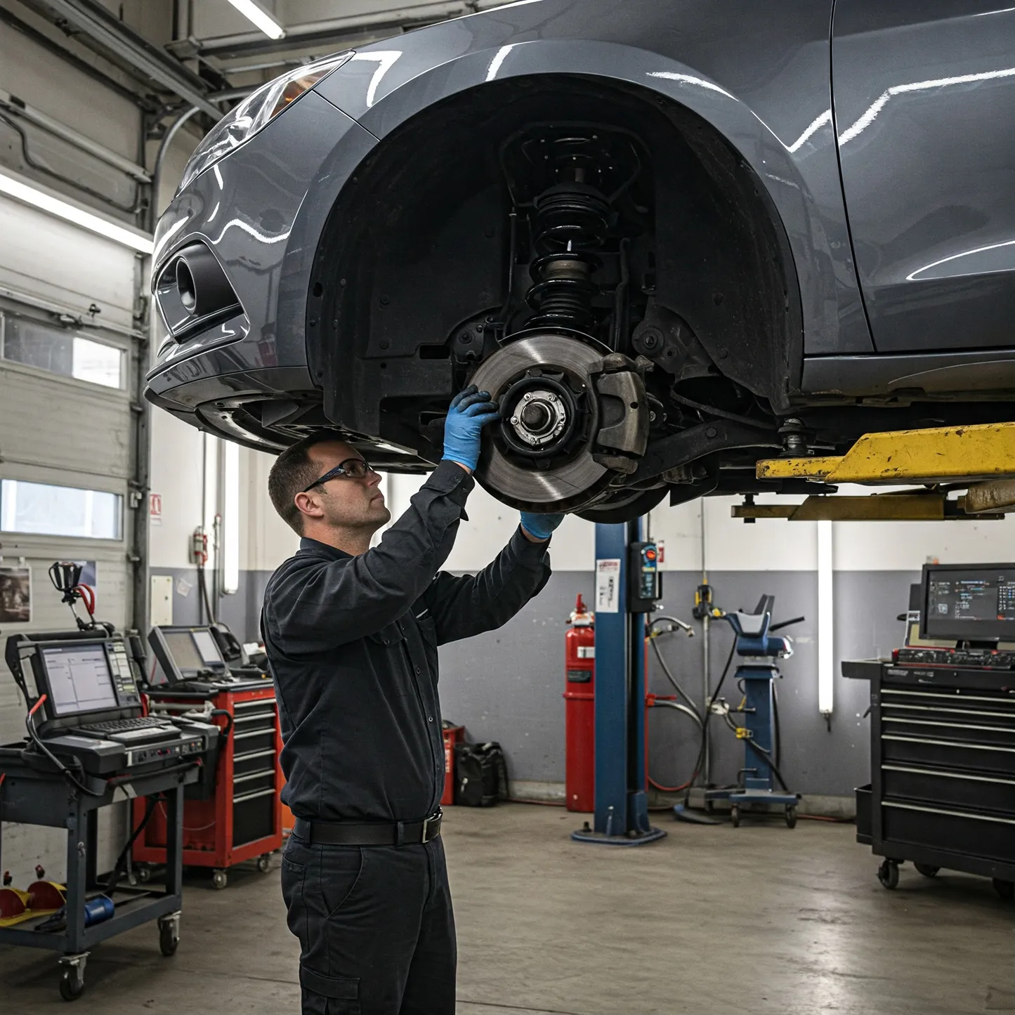 A mechanic in blue gloves inspects the brakes of a raised gray car in a well-equipped auto repair shop.