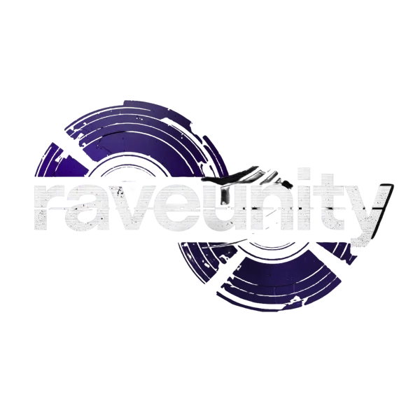 raveunity logo - white typography on purple vinyls