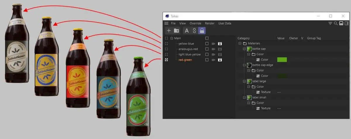 Cinema 4D Take System interface showing multiple scene variations
