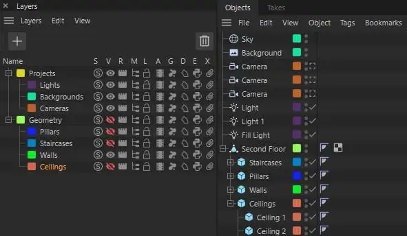 Cinema 4D Layer Manager interface for scene organization