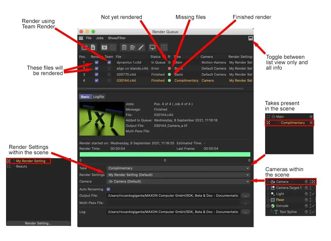 Cinema 4D Render Queue panel for batch rendering multiple outputs