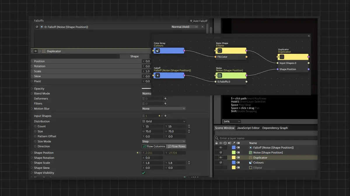 Cavalry interface showing colorful dot grid created with Duplicator feature