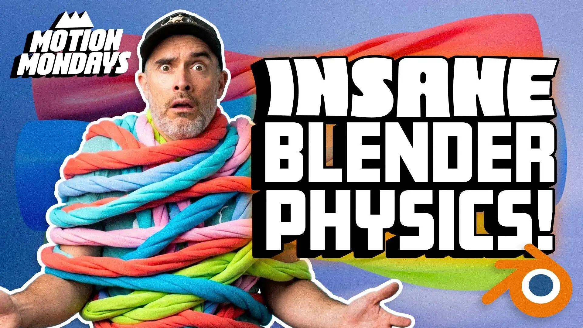 Motion Mondays thumbnail showing Ryan wrapped in colorful cloth with text Insane Blender Physics