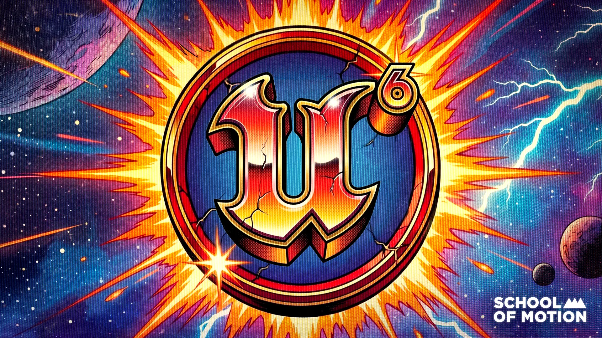 Unreal Engine 6 logo with explosive comic book style effects and School of Motion branding
