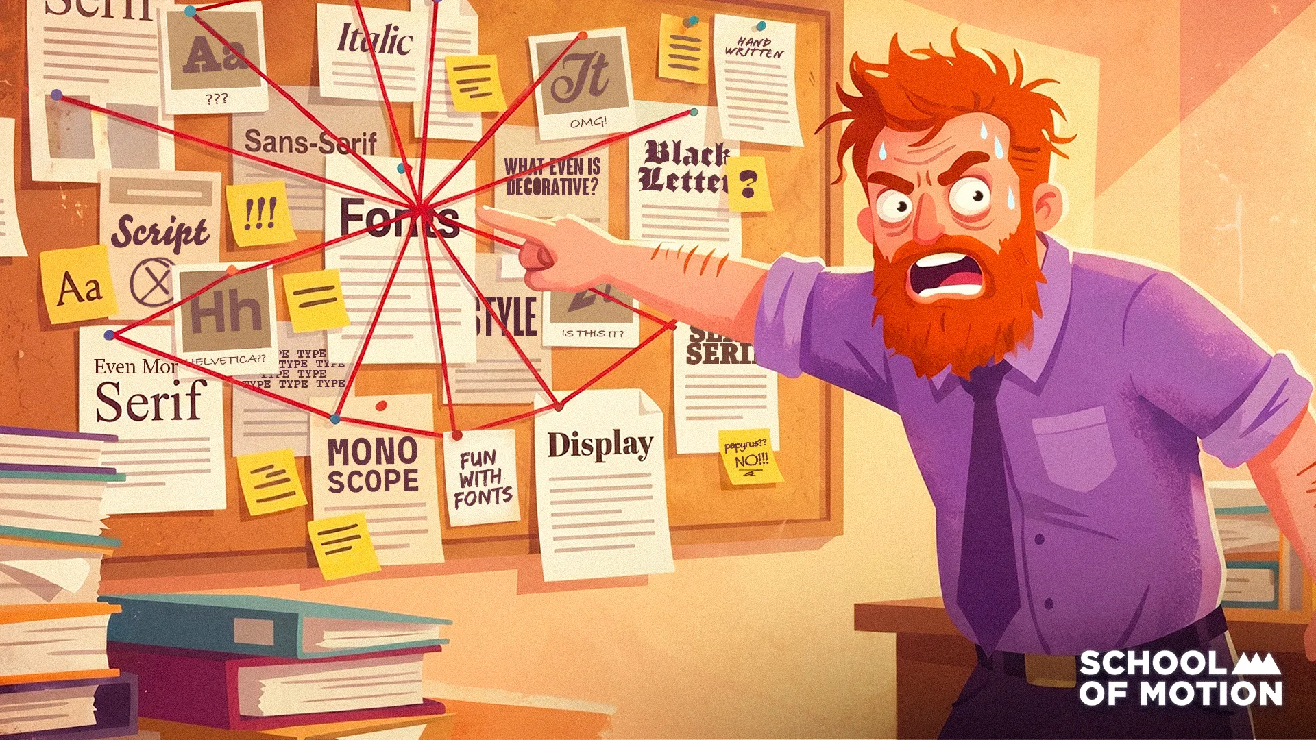 Frustrated designer pointing at a corkboard covered with typography samples and font names connected by red string - illustrating the challenge of font identification