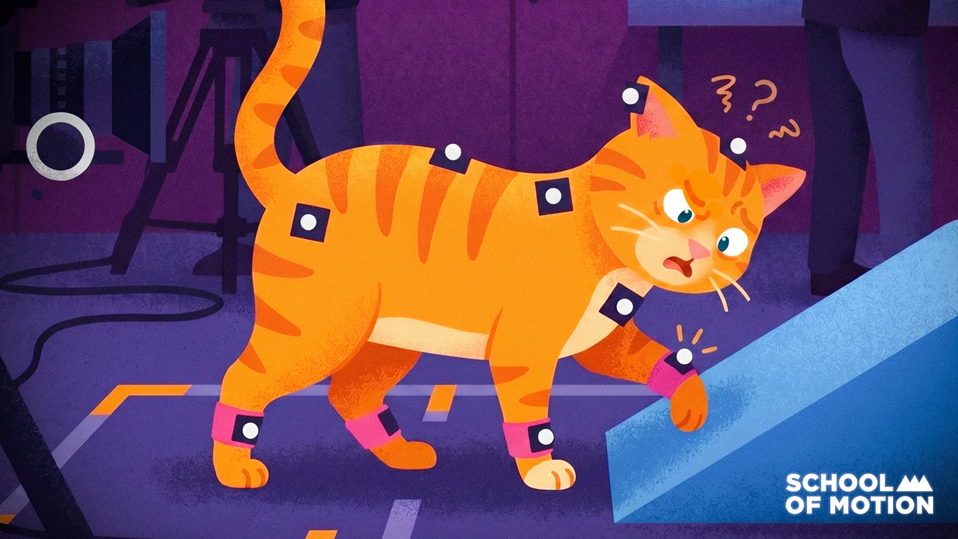 Illustrated cat with motion capture markers in an animation studio - walk cycle reference concept