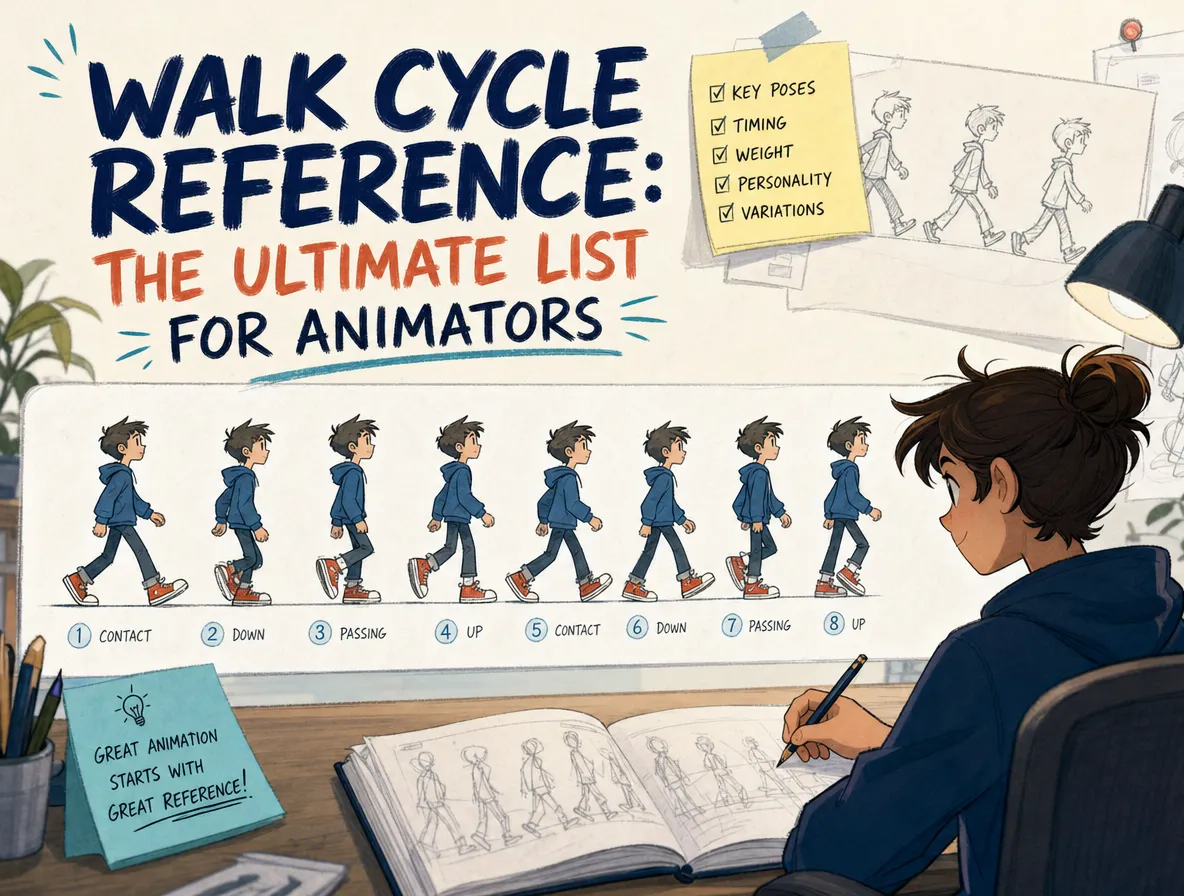 Walk cycle breakdown showing 8 key poses: Contact, Down, Passing, Up positions for animation reference