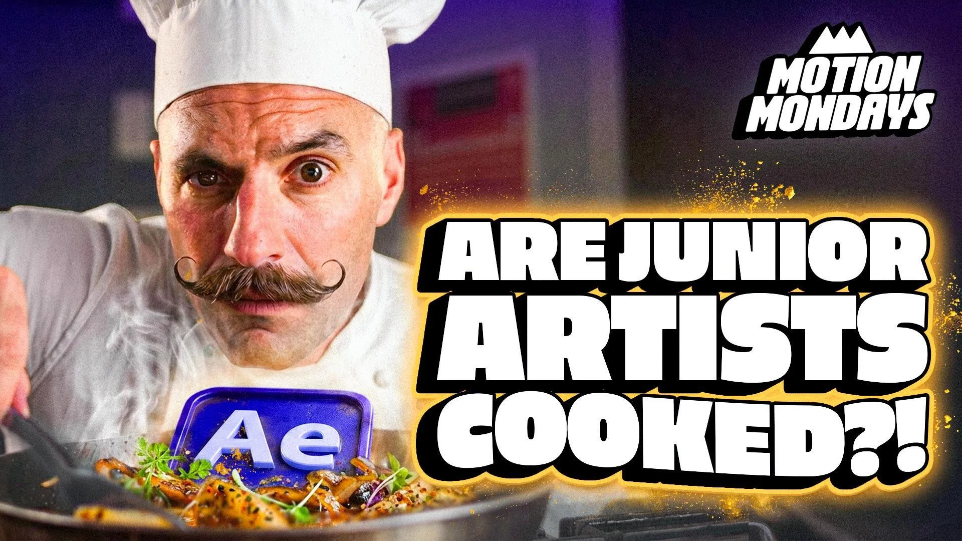 Motion Mondays July 6 2026 - Chef cooking After Effects with text Are Junior Artists Cooked